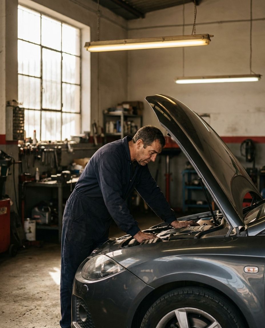 Mecánico revisando el motor de un coche en el taller