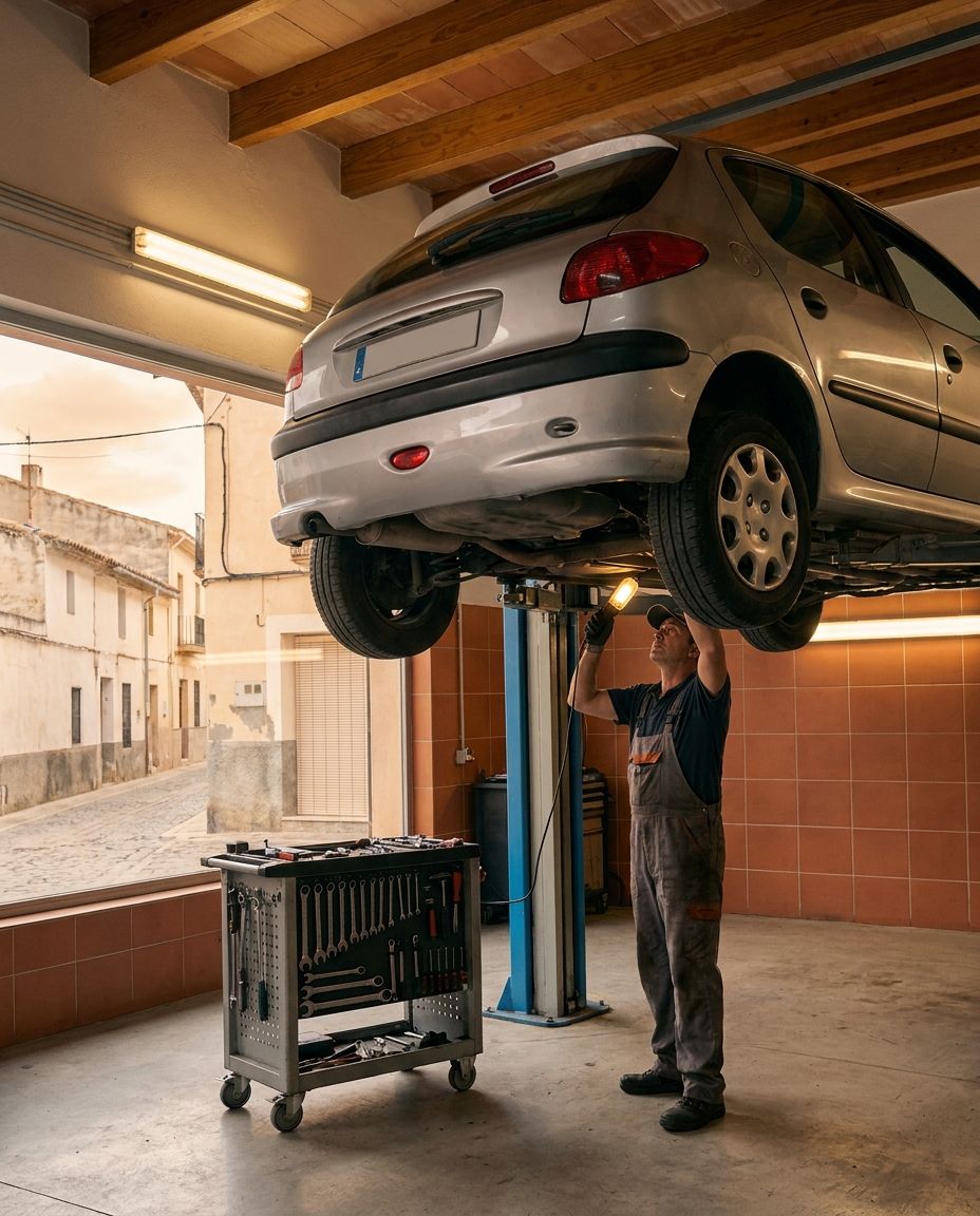 Coche elevado en el puente del taller para su revisión