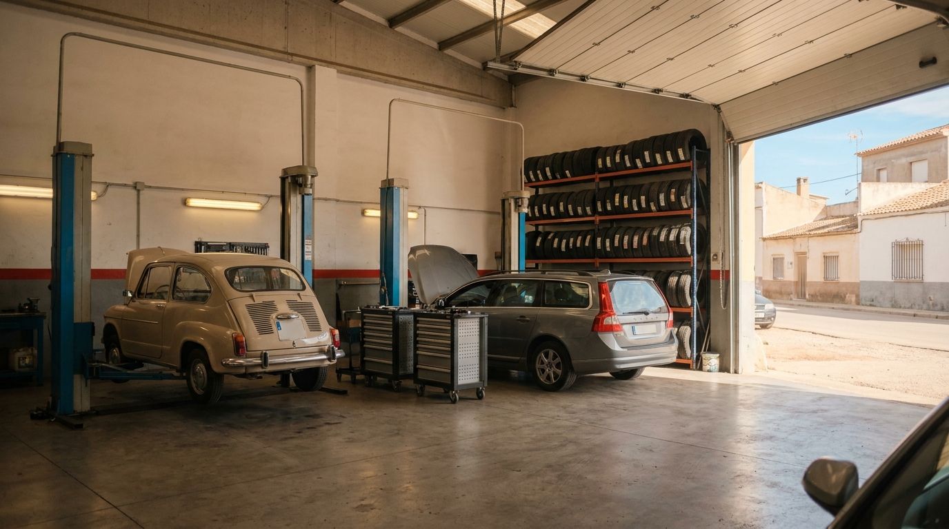 Interior del taller con dos coches en reparación
